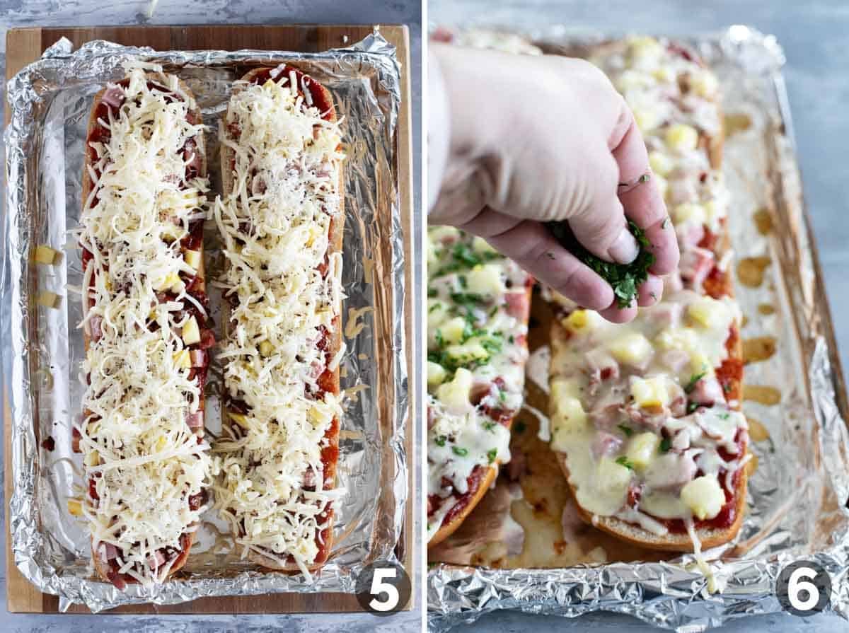Adding cheese for French bread Hawaiian pizza, then adding cilantro to the baked pizza.