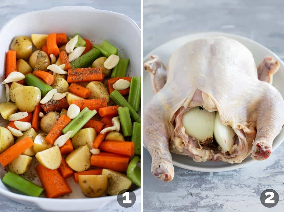 Prepping vegetables and stuffing chicken with onions and thyme.
