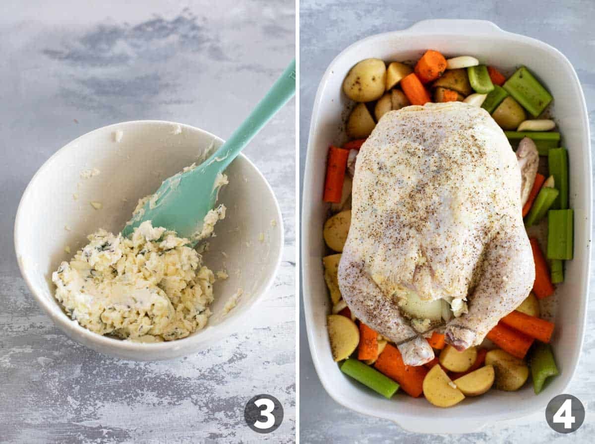 Mixing garlic butter and prepping chicken for Garlic Roast Chicken.