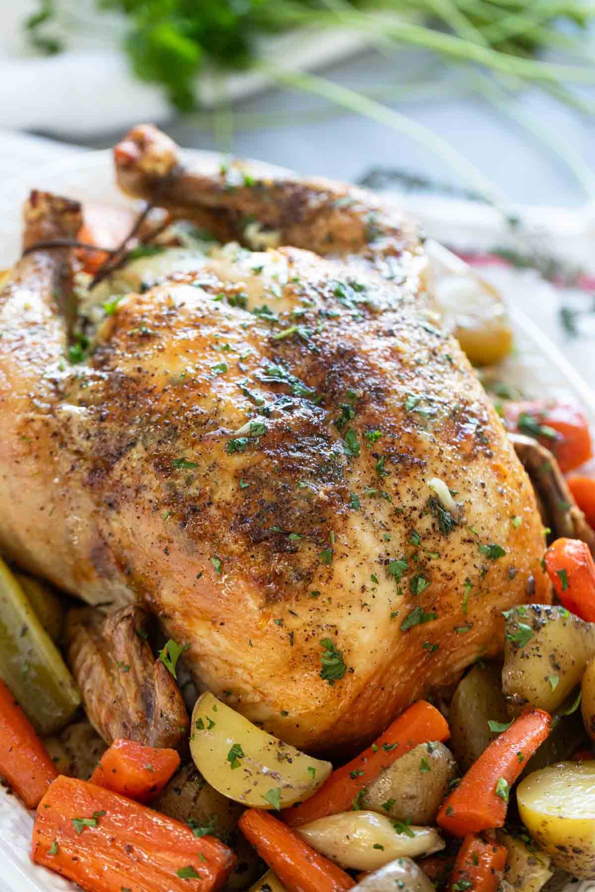 Garlic Roast Chicken over vegetables.