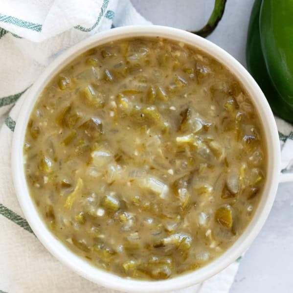Bowl of Green Chile Sauce made from scratch.
