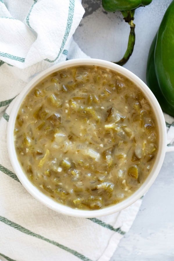 Bowl of Green Chile Sauce made from scratch.