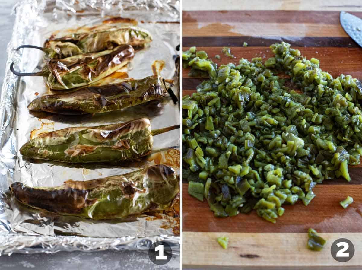 Rooting fresh chiles and chopping chiles.