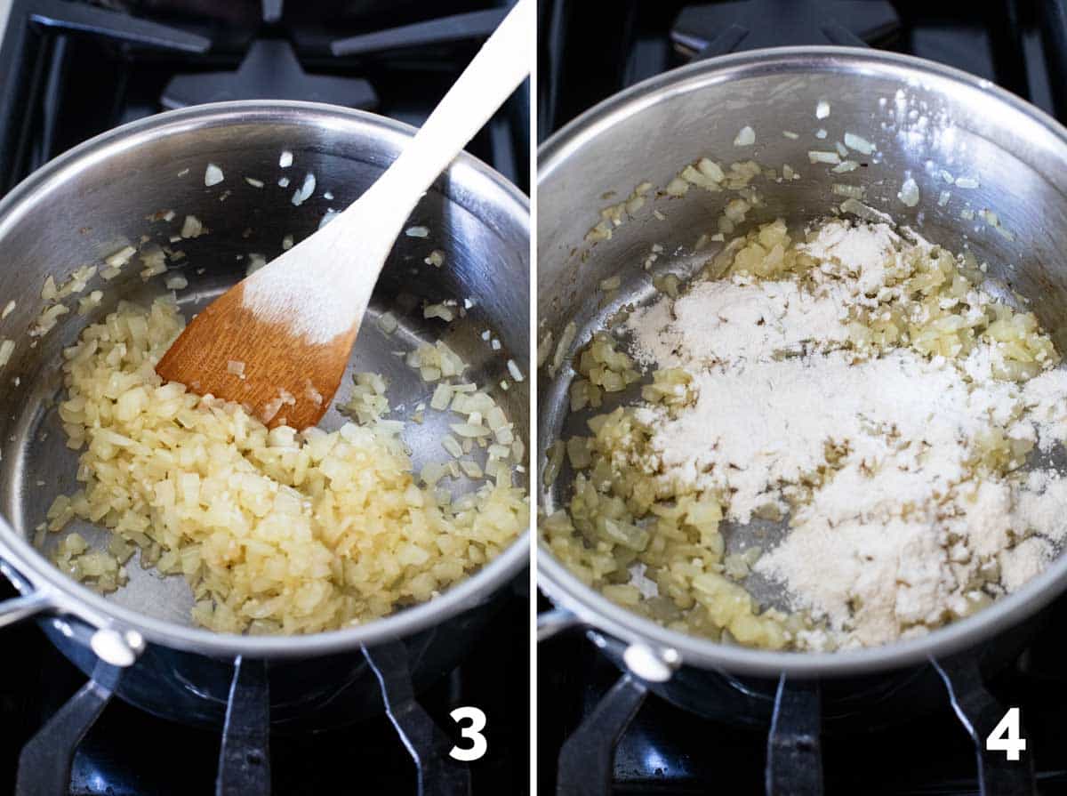 Sautéing onions and garlic and adding flour.