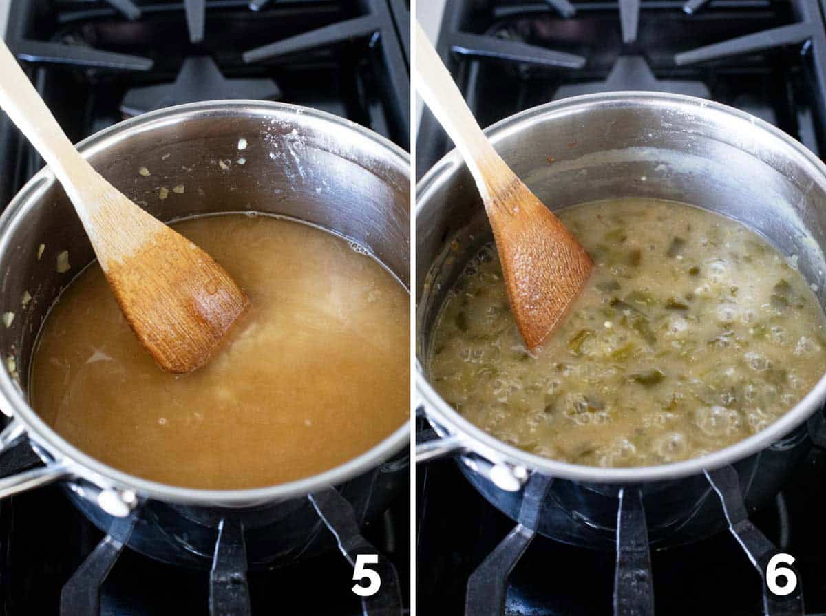 Thickening roux and adding chiles for Green Chile Sauce.