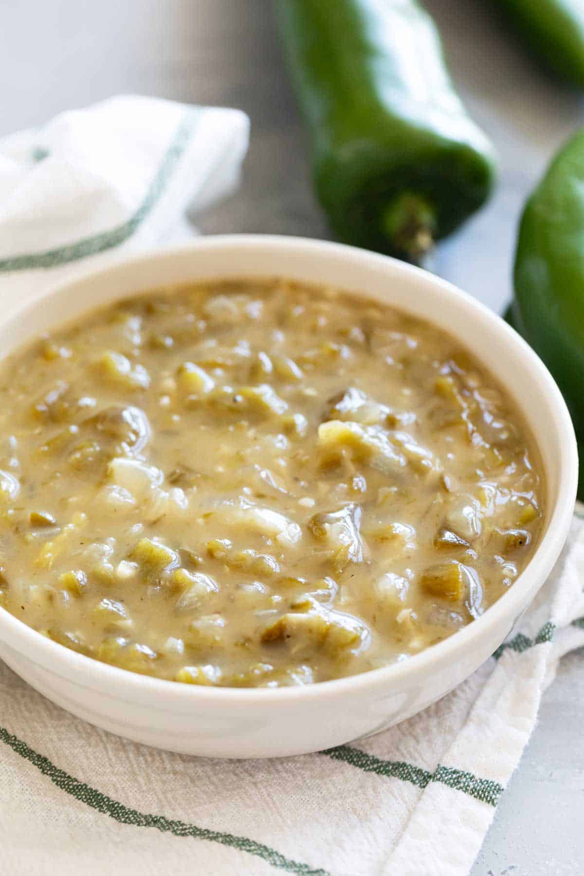 Bowl of Green Chile Sauce made with fresh chiles.