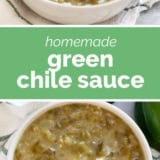 Green Chile Sauce collage with text bar in the middle.
