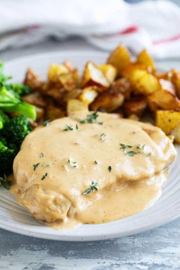 Honey Mustard Pork Chops with a creamy mustard sauce.
