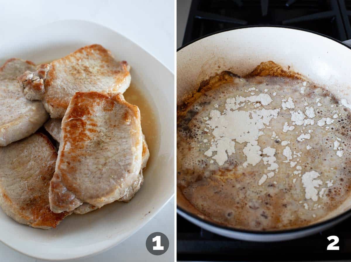 Browning pork chops and starting honey mustard sauce.