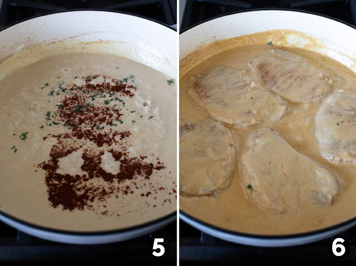 Adding seasoning to honey mustard sauce and adding pork chops to the sauce.