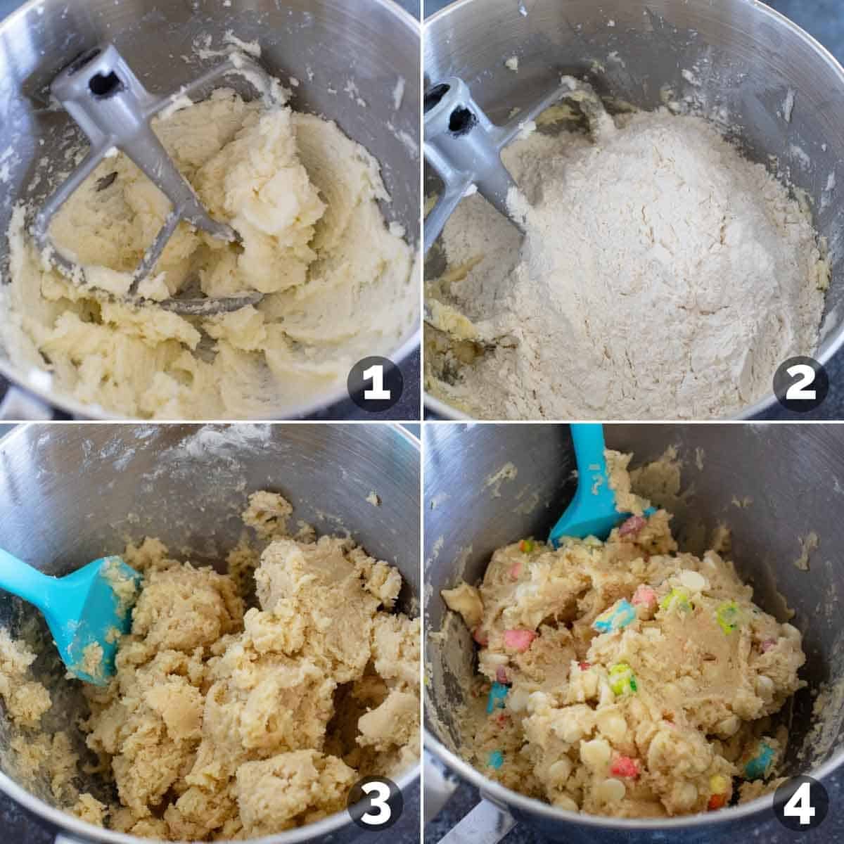Steps for making cookie dough for Lucky Charms Cookies.