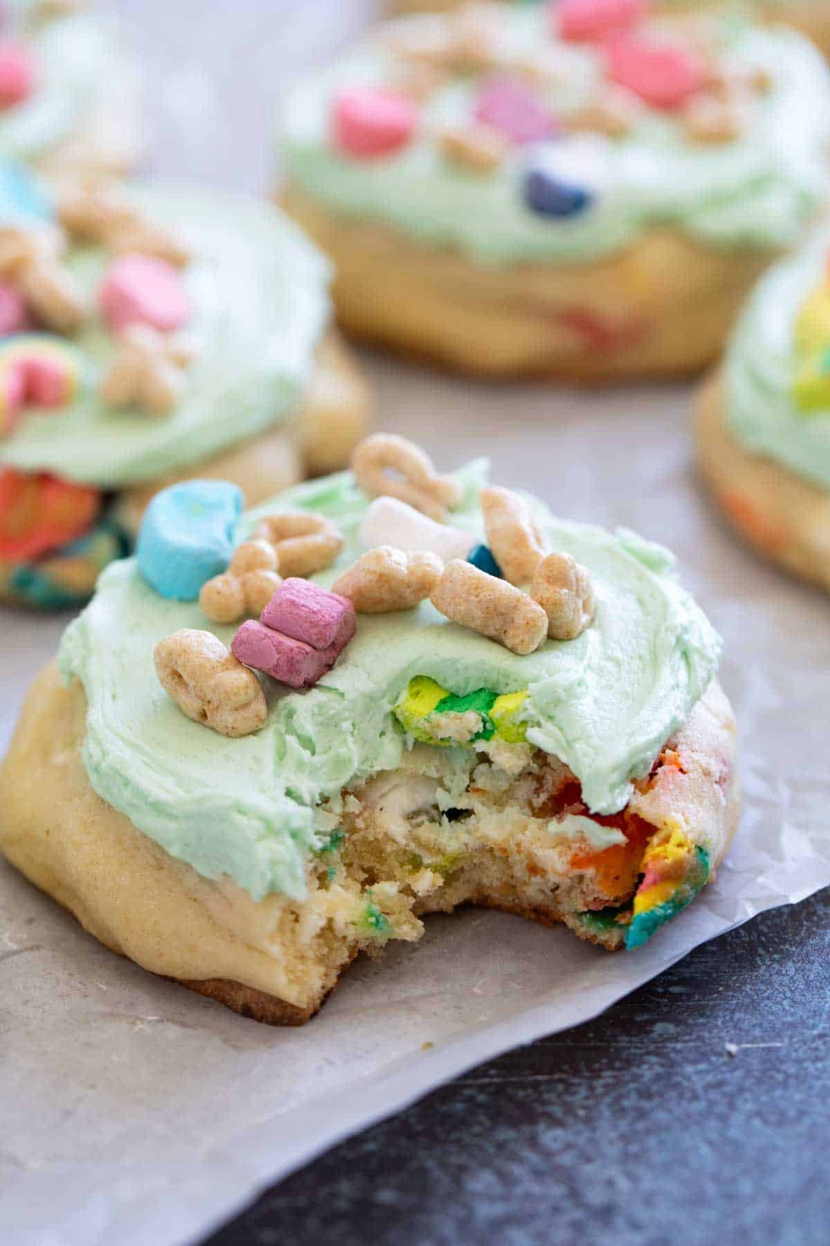 Lucky Charms Cookie with a bite taken from it.