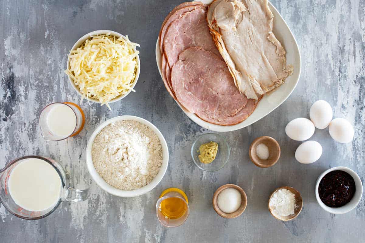 Ingredients for Monte Cristo Waffle Sandwiches.