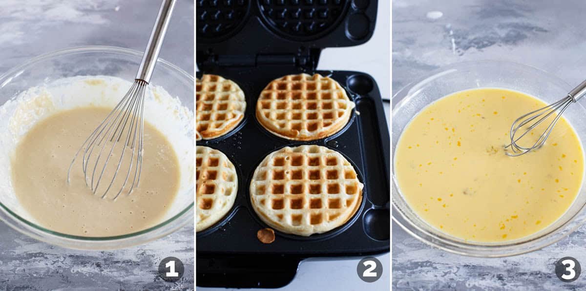 Making mini waffles and batter for Monte Cristo Waffle Sandwiches.