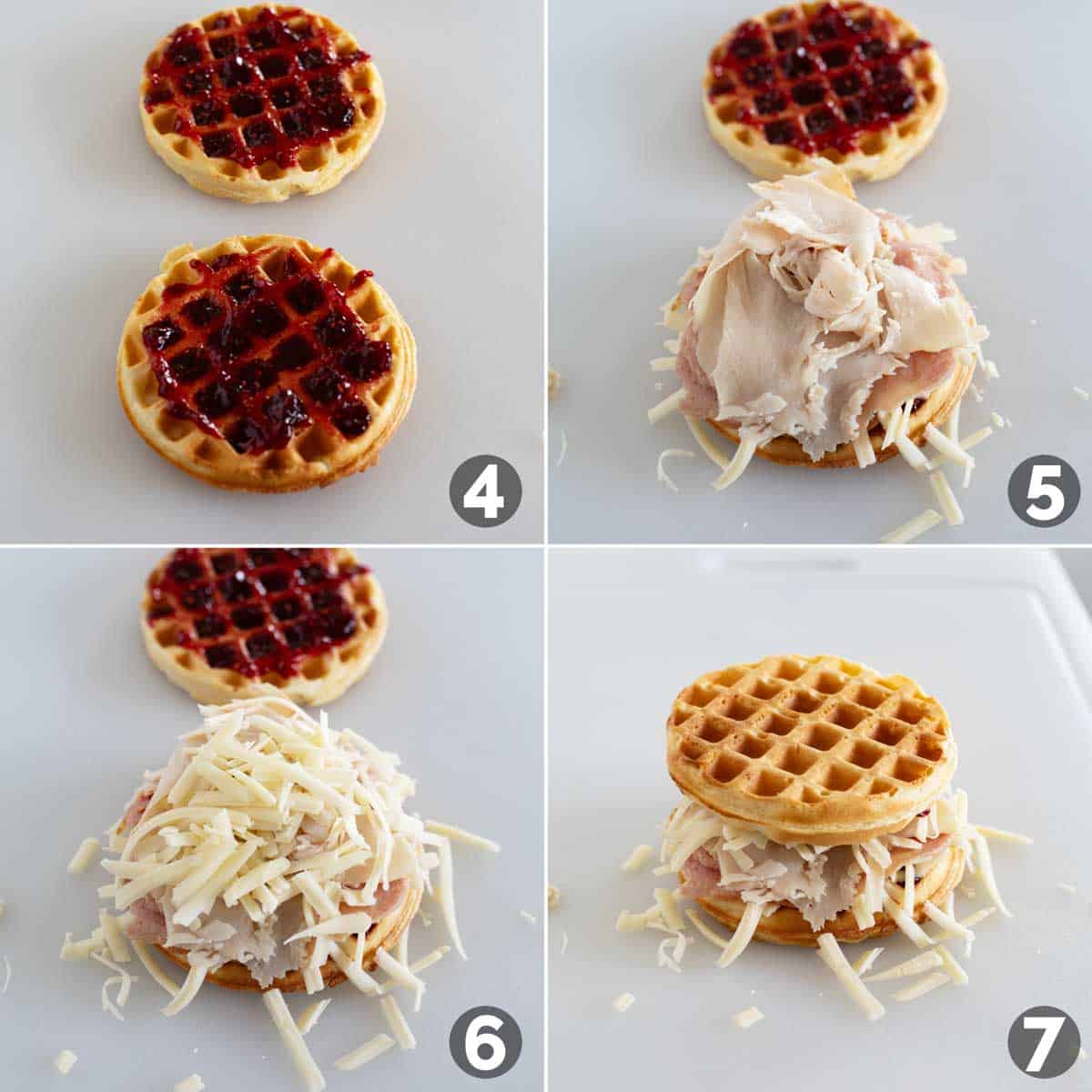 Assembling Monte Cristo Waffle Sandwiches.