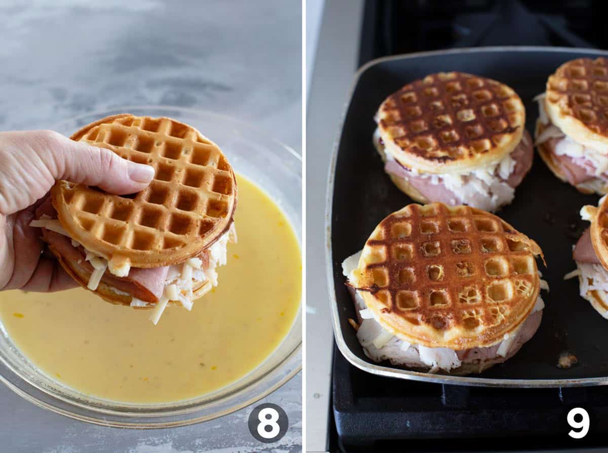 Dunking waffle sandwich in batter and cooking in a pan.