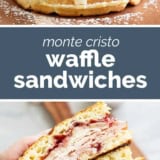 Monte Cristo Waffle Sandwich collage with text bar in the middle.