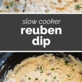 Slow Cooker Reuben Dip collage with text bar in the middle.