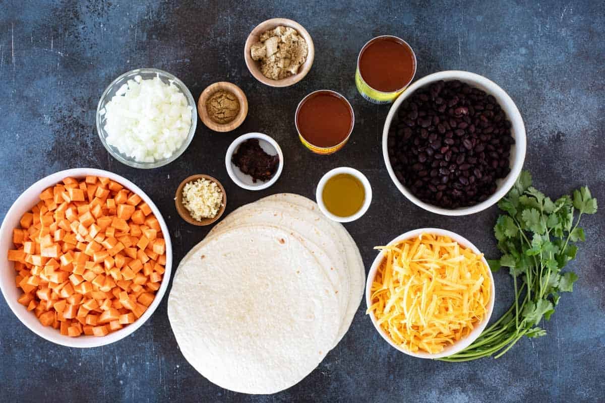 Ingredients for Sweet Potato and Black Bean Enchiladas.