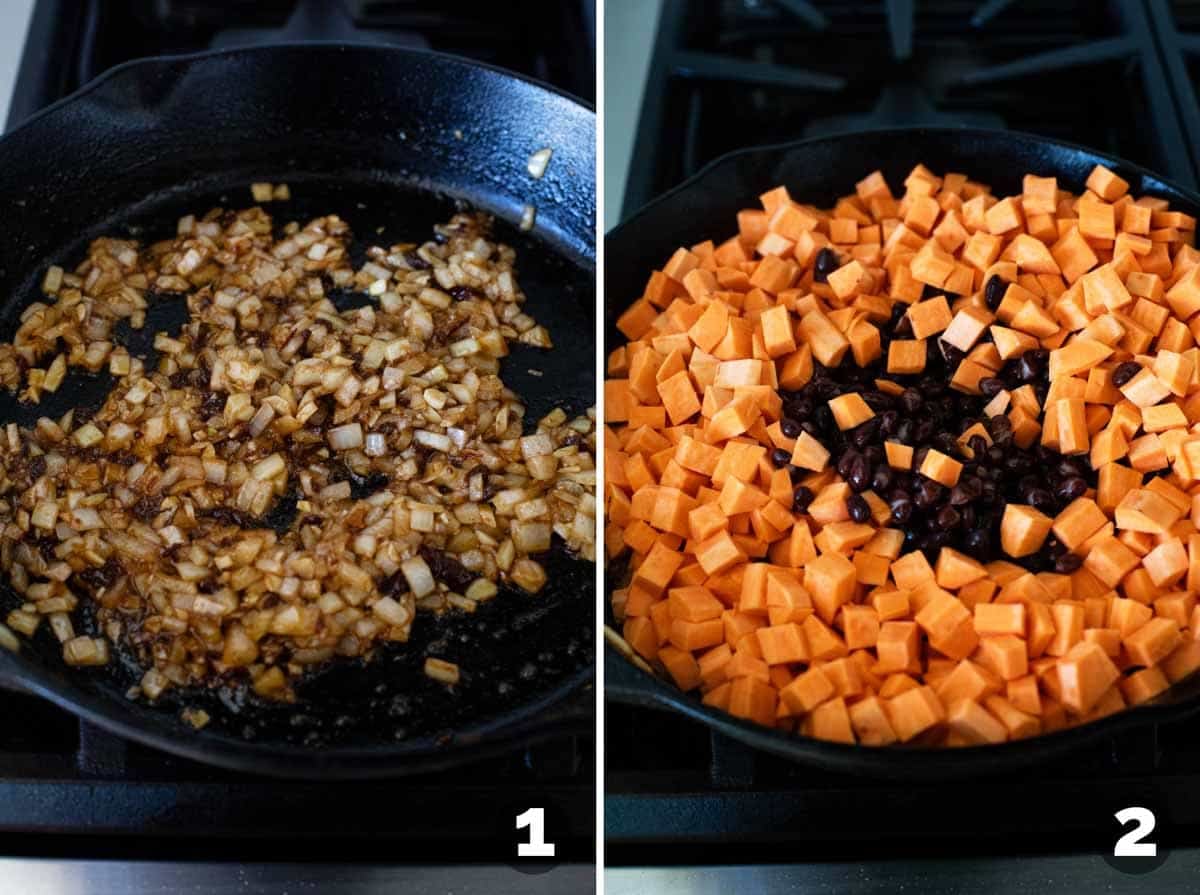Making the filling for Sweet Potato and Black Bean Enchiladas.