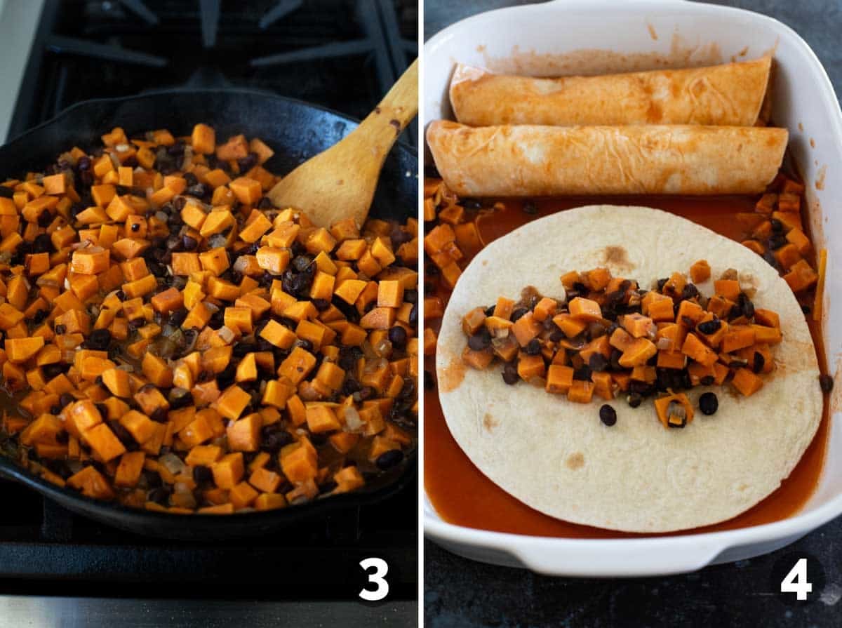 Cooking enchilada filling and adding to tortillas.