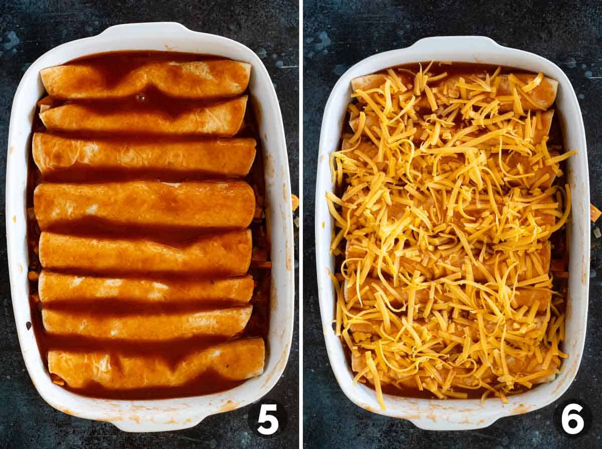 Covering sweet potato and black bean enchiladas with enchilada sauce and cheese.