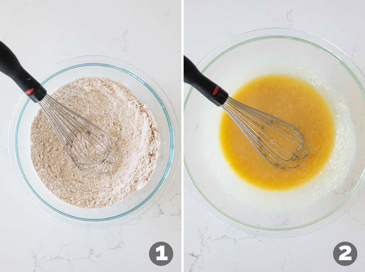 Mixing dry ingredients and wet ingredients for Apple Cinnamon Muffins.