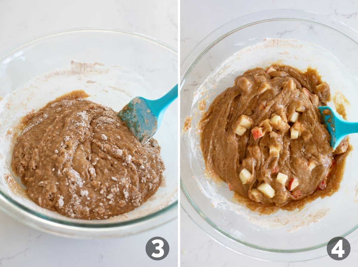 Mixing batter for apple cinnamon muffins, then adding in apple chunks.