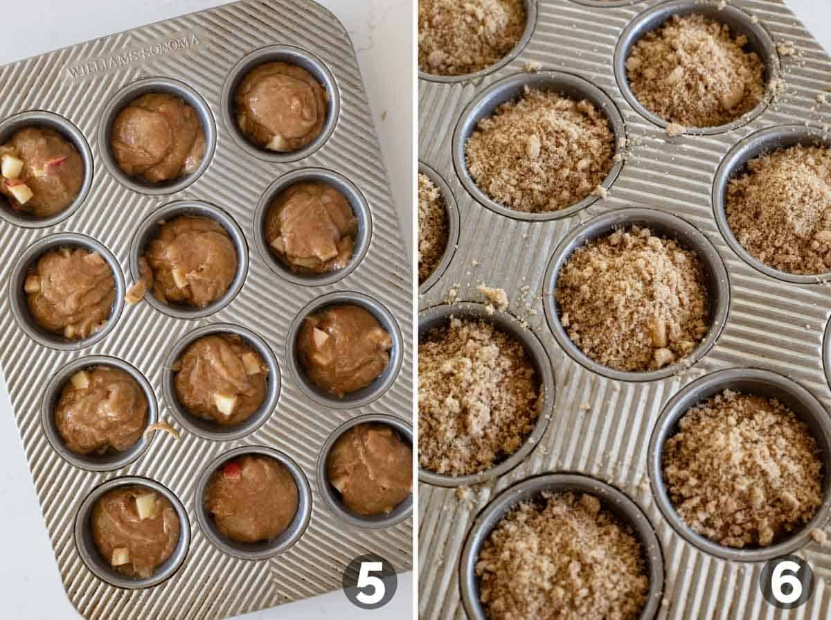 Adding muffin batter to a muffin tin, then adding crumb topping.