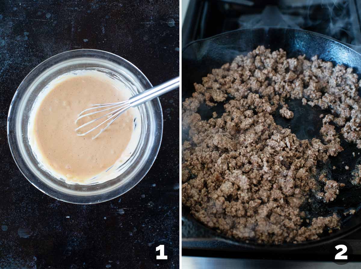 Making special sauce and browning ground beef.