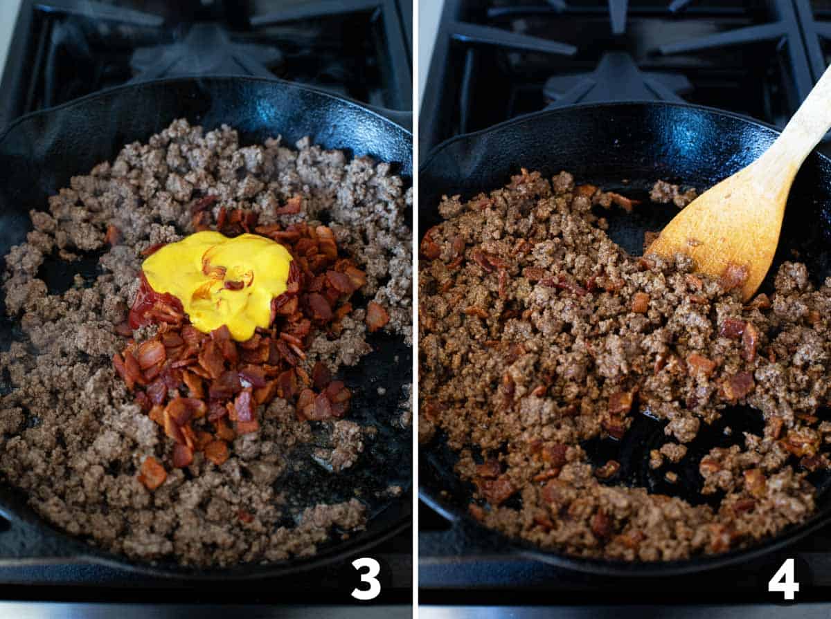 Mixing bacon, ketchup, mustard, and Worcestershire sauce into cooked ground beef.