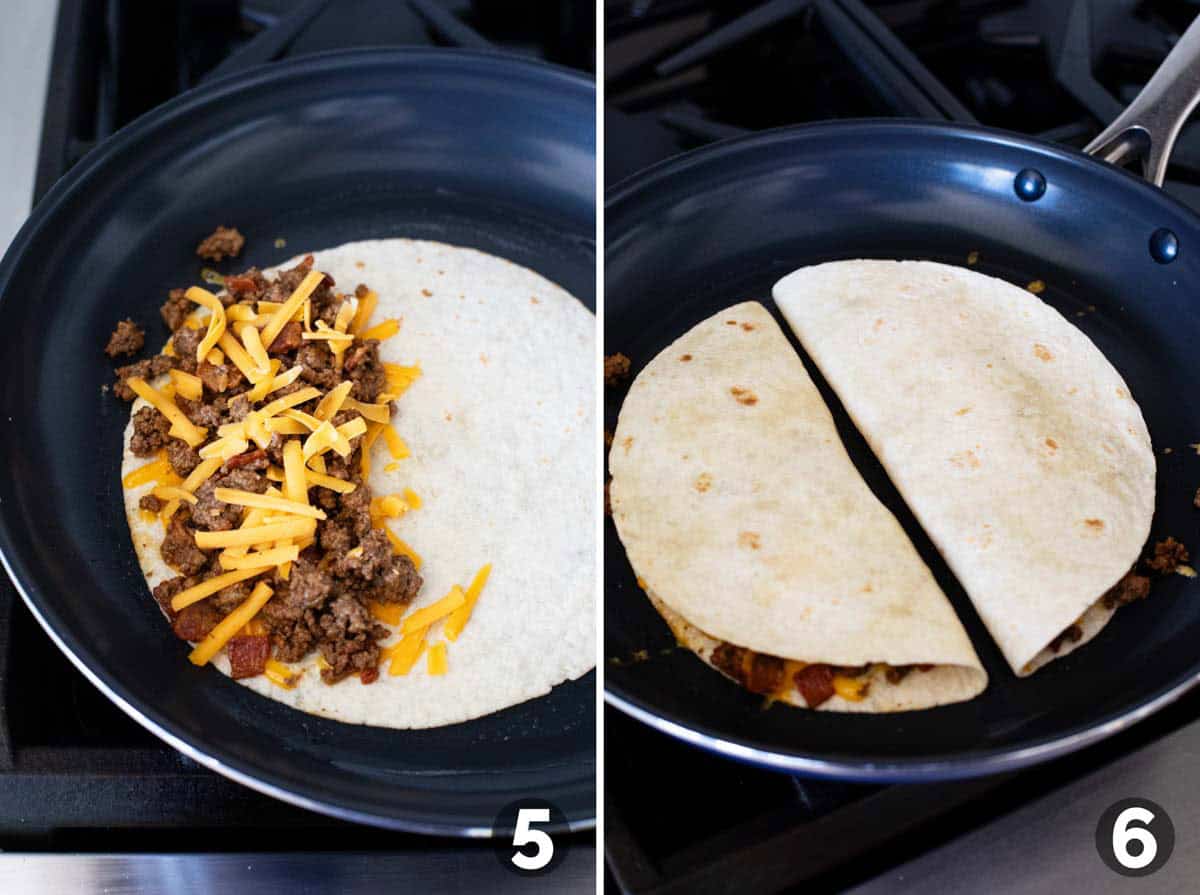 Assembling bacon cheeseburger quesadillas and cooking in a skillet.