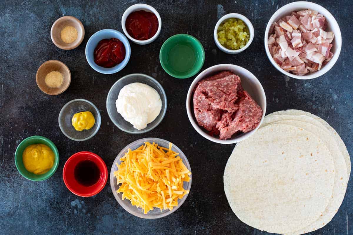 Ingredients for Bacon Cheeseburger Quesadillas.