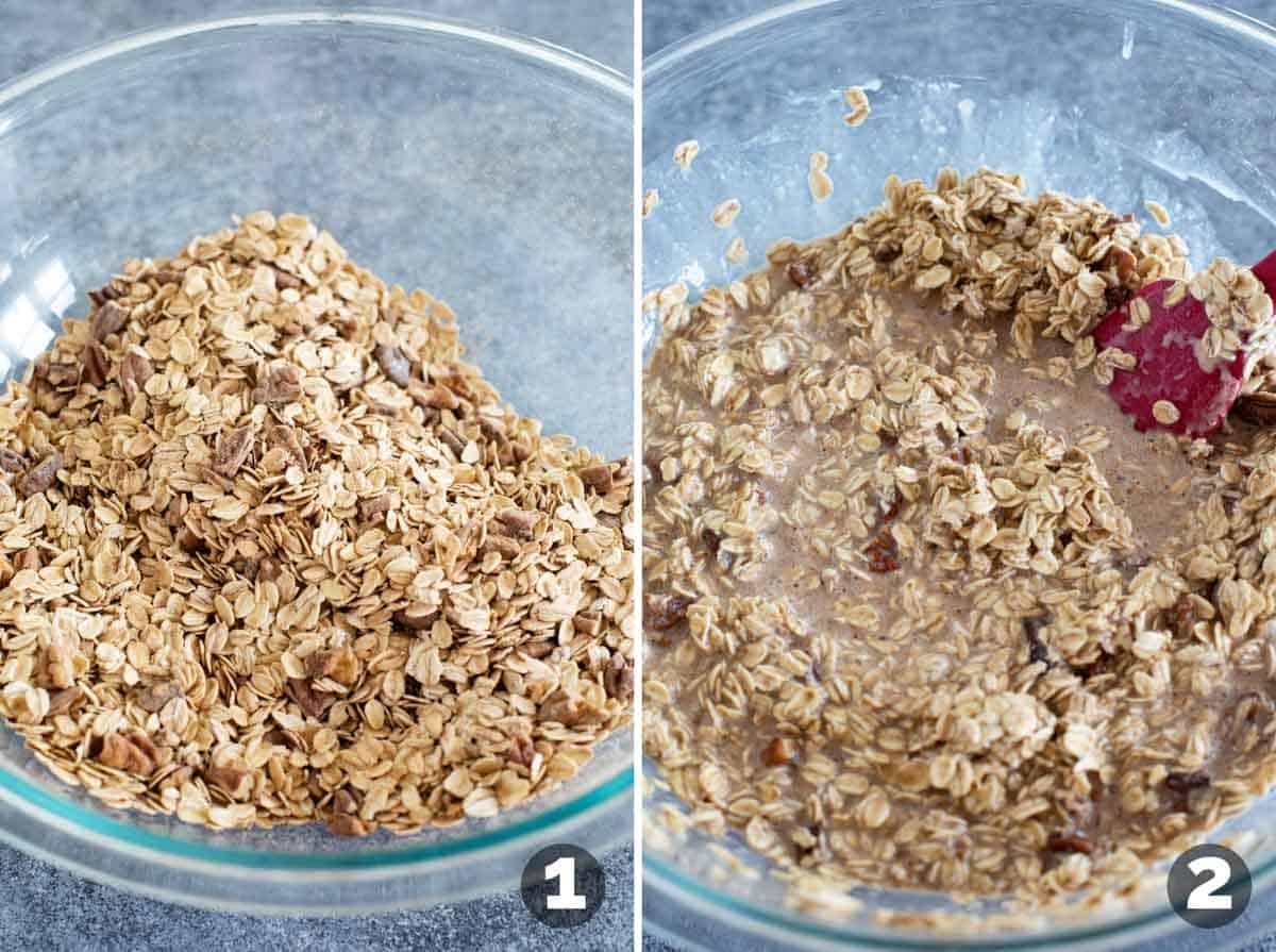 Mixing batter for baked oatmeal in a glass bowl.