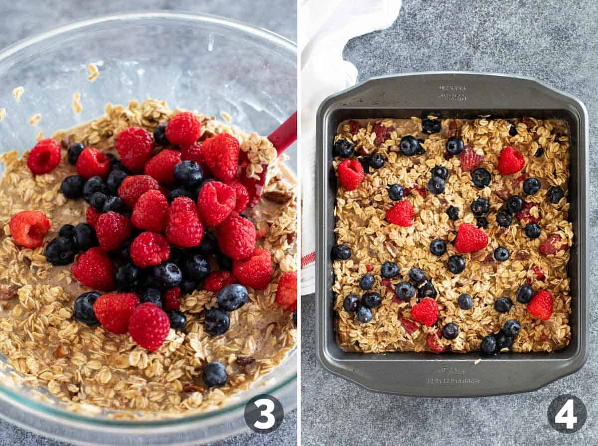 Adding berries to baked oatmeal mixture and arranging in a baking dish.