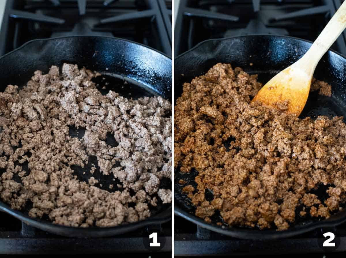 Browning ground beef and adding buffalo sauce.