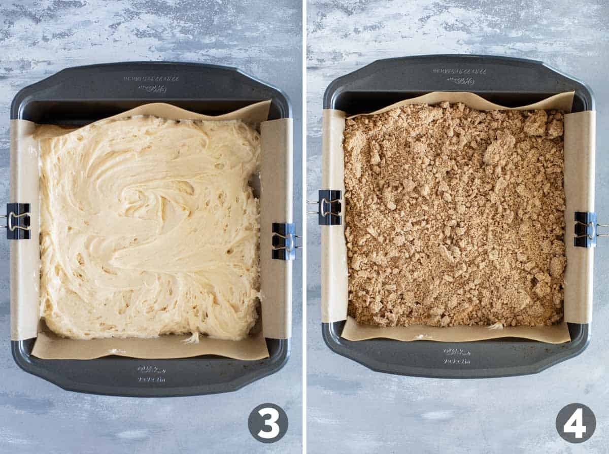 Spreading bottom layer of cake mix and adding a layer of crumb.