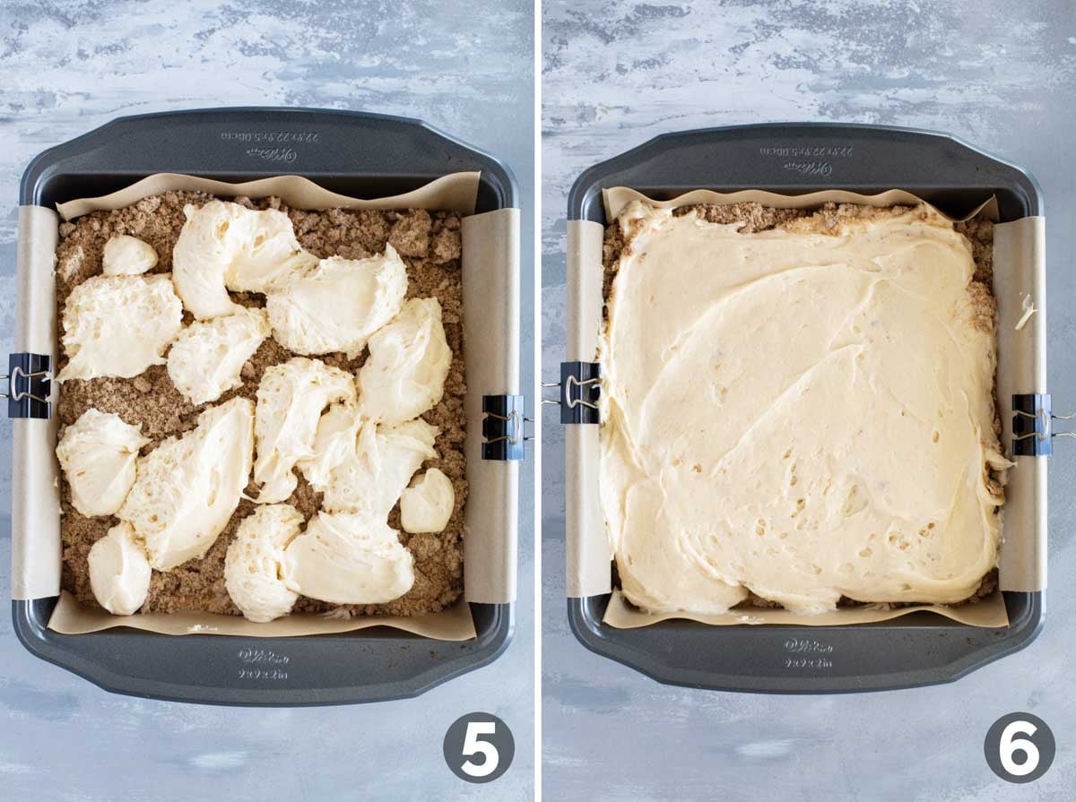 Adding a layer of cake and spreading it over a crumb layer.