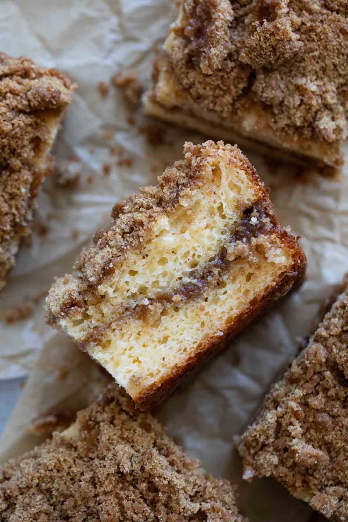 Slice of Cake Mix Coffee Cake on its side to show layers.