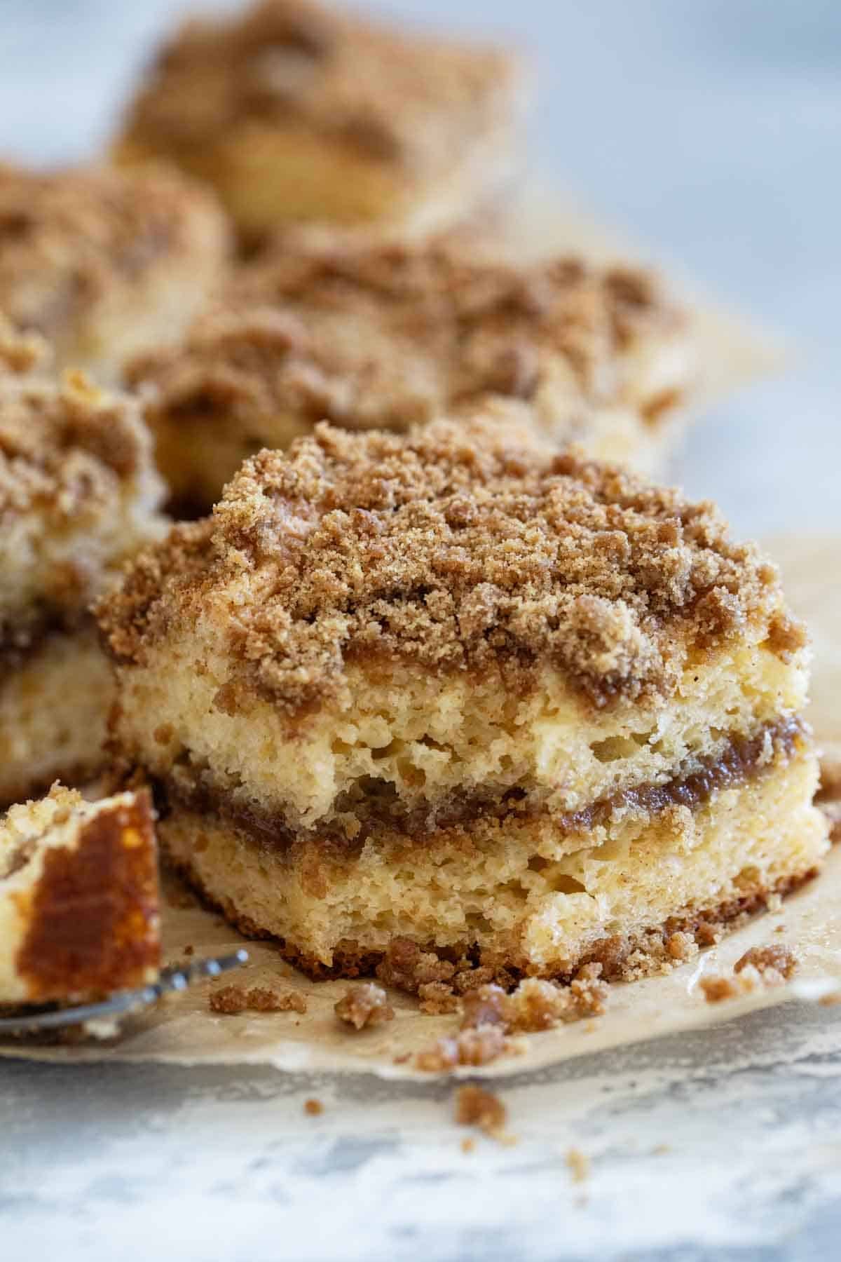 Piece of Cake Mix Coffee Cake with a bite taken from it.