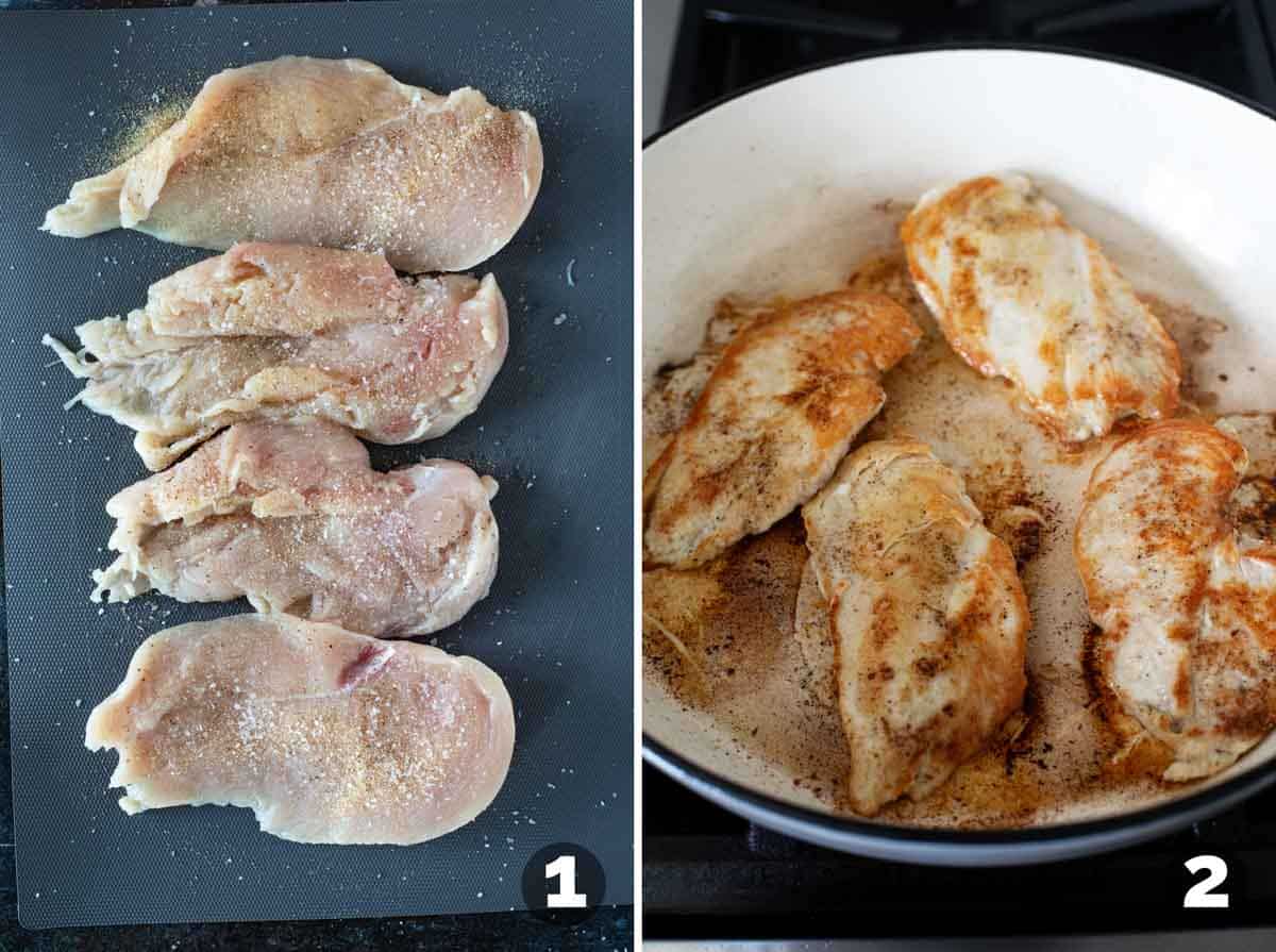 Cutting chicken breasts, and cooking in a large skillet.