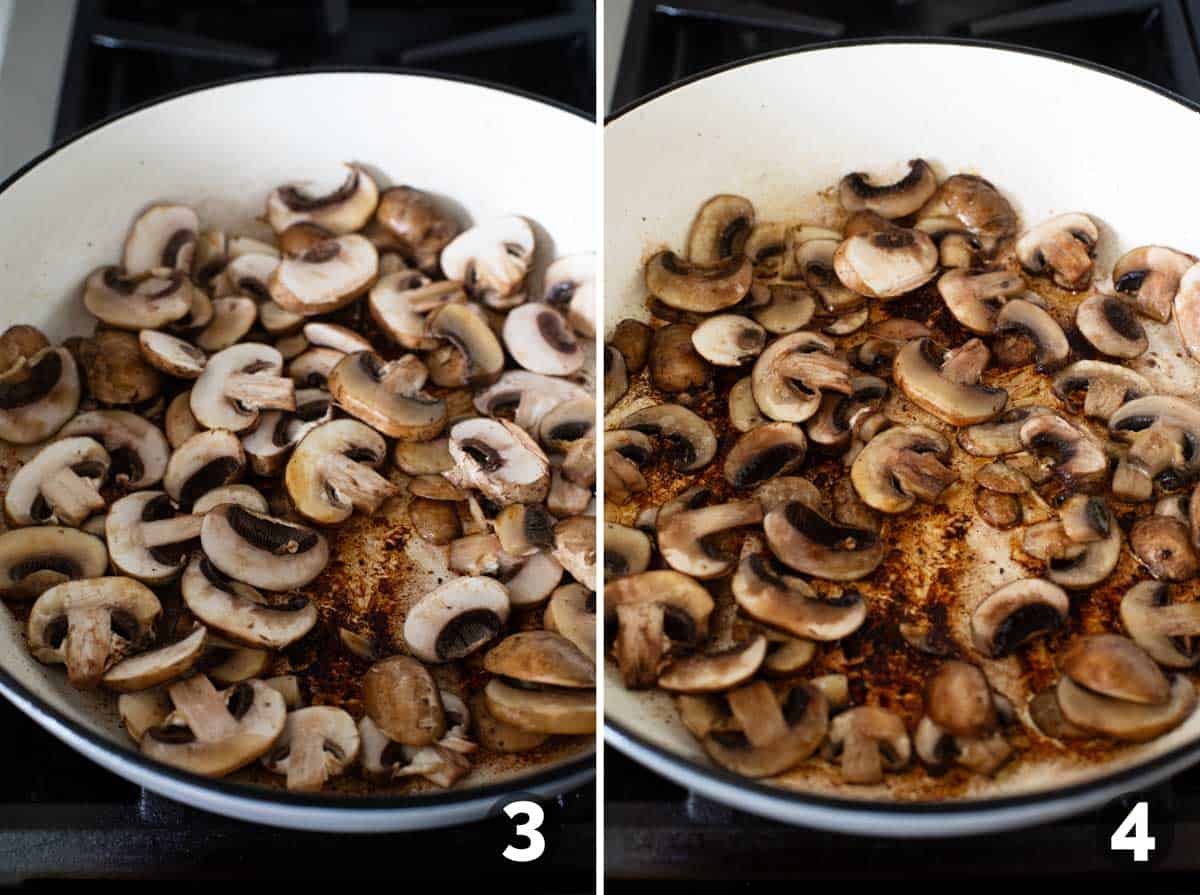 Cooking mushrooms in a large skillet.