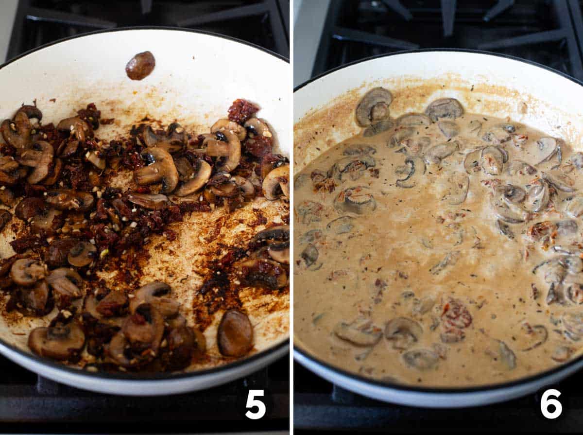 Adding sun-dried tomatoes and garlic to skillet, then adding liquid to make a creamy sauce.