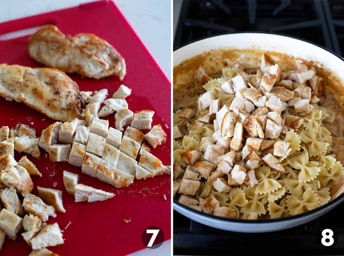 Dicing cooked chicken breast, and adding to cream sauce along with cooked pasta.