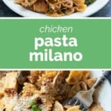 Chicken Pasta Milano collage with text bar in the middle.