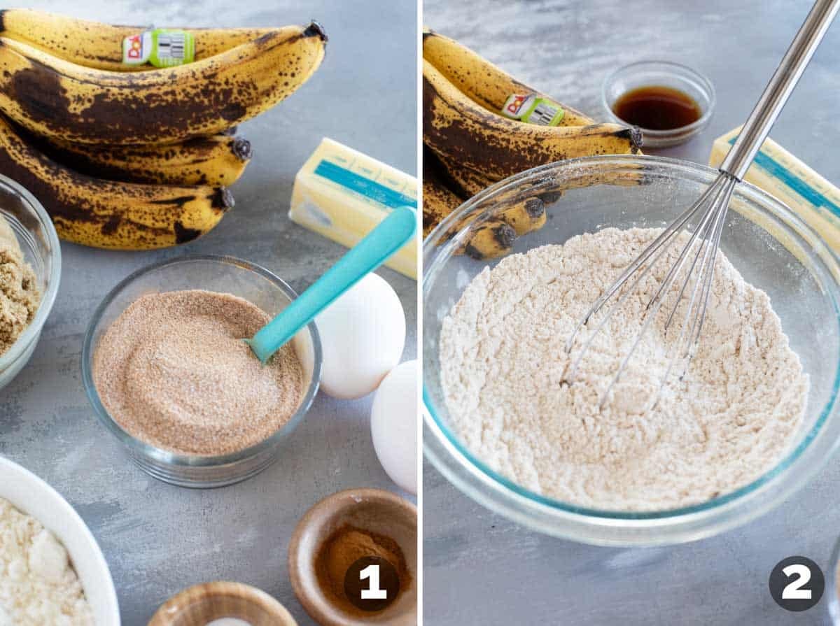 Making cinnamon sugar mixture, and whisking together dry ingredients for cinnamon banana bread.
