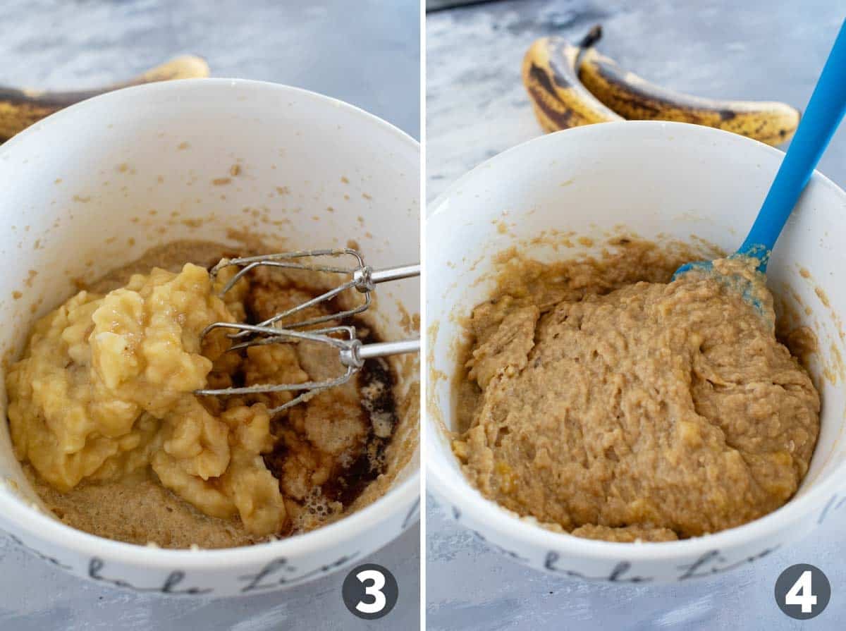Mixing together the wet ingredients for cinnamon banana bread, then stirring in the dry ingredients.