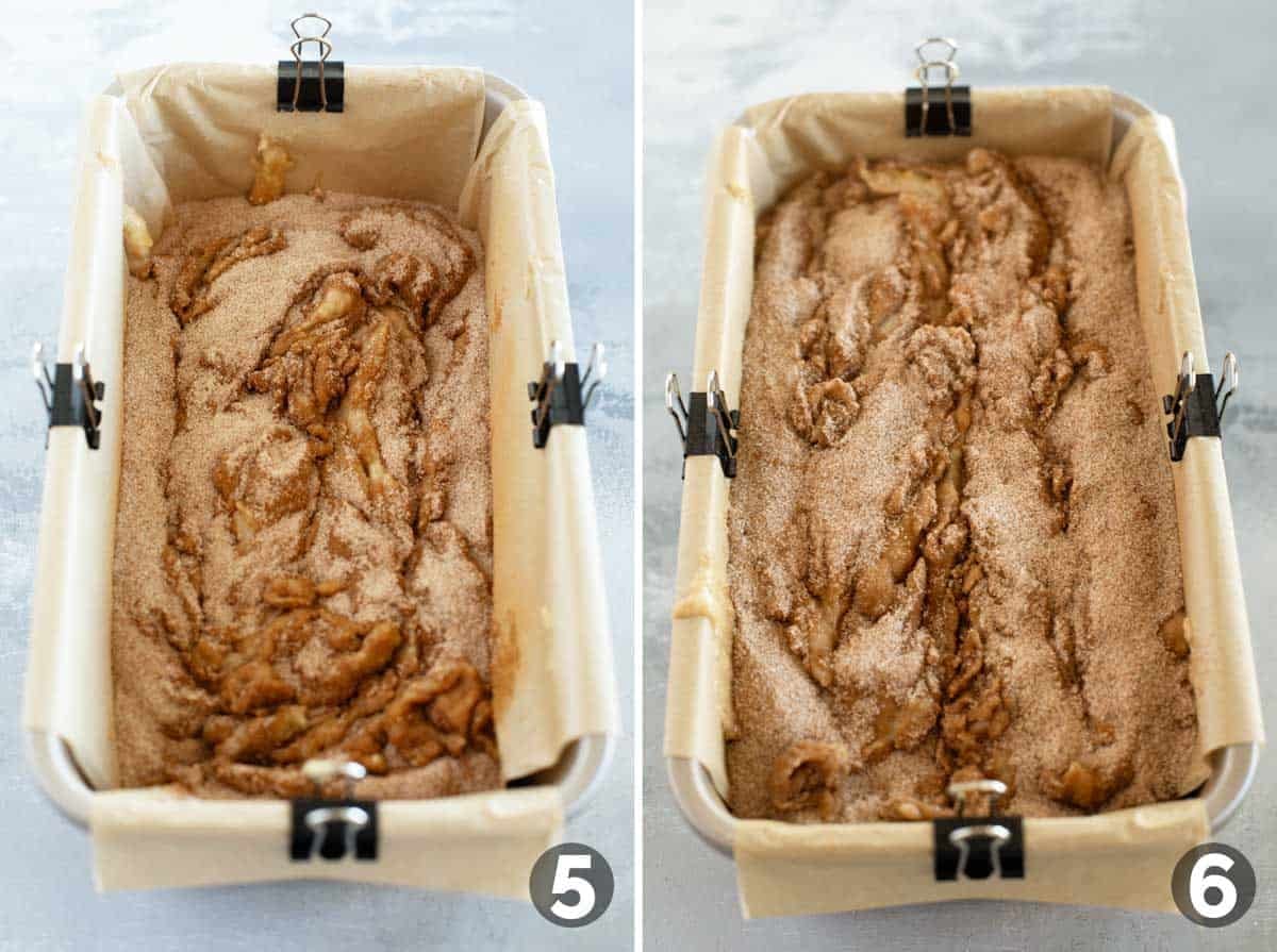 Layering banana bread batter and cinnamon sugar for cinnamon banana bread.