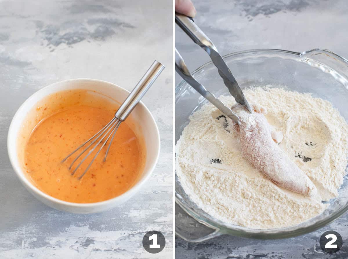 Making spicy mayonnaise and dipping chicken tender in flour.