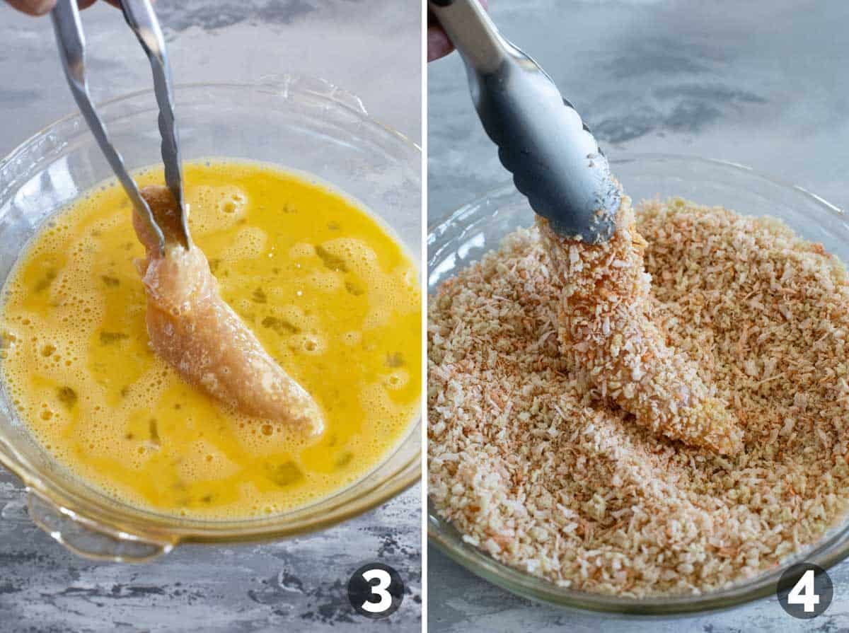 Dipping a chicken tender in egg and then in a coconut and breadcrumb mixture.